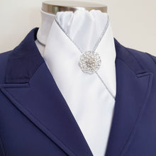 Load image into Gallery viewer, ERA HARLEY STOCK TIE - White satin, silver metallic piping and brooch