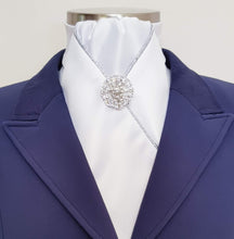 Load image into Gallery viewer, ERA HARLEY STOCK TIE - White satin, silver metallic piping and brooch