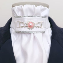 Load image into Gallery viewer, ERA EURO REGAL ISABEL STOCK TIE - White satin, silver piping, pink pearl embellishment