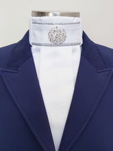 Load image into Gallery viewer, ERA EURO KARA STOCK TIE - White satin, pleated with silver piping and brooch