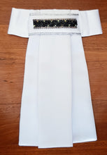 Load image into Gallery viewer, ERA EURO KARA STOCK TIE - White satin, silver piping with crystal trim - 5 colours - crystal/pearl, mint, black, blue, gold