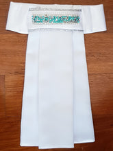 Load image into Gallery viewer, ERA EURO KARA STOCK TIE - White satin, silver piping with crystal trim - 5 colours - crystal/pearl, mint, black, blue, gold