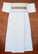 Load image into Gallery viewer, ERA EURO KARA STOCK TIE - White satin, silver piping with crystal trim - 5 colours - crystal/pearl, mint, black, blue, gold