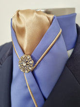 Load image into Gallery viewer, ERA KATE STOCK TIE - CLEARANCE- Cornflower blue satin with gold piping & brooch
