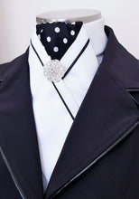Load image into Gallery viewer, ERA KATE STOCK TIE - White satin, black & white spot, black piping & silver brooch