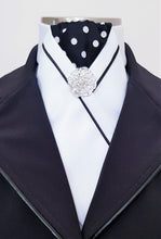 Load image into Gallery viewer, ERA KATE STOCK TIE - White satin, black & white spot, black piping & silver brooch