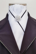 Load image into Gallery viewer, ERA KATE STOCK TIE - White satin, black piping & silver brooch