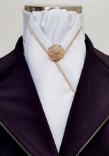 Load image into Gallery viewer, ERA KATE STOCK TIE - White satin, gold satin piping & gold brooch