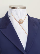 Load image into Gallery viewer, ERA KATE STOCK TIE - White satin, gold satin piping & gold brooch