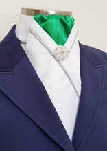 Load image into Gallery viewer, ERA KATE STOCK TIE - White satin, apple green with silver piping & brooch
