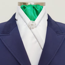 Load image into Gallery viewer, ERA KATE STOCK TIE - White satin, apple green with silver piping & brooch