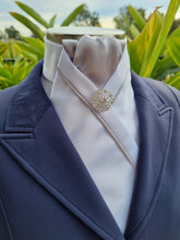 Load image into Gallery viewer, ERA KATE STOCK TIE - White satin, light silver with silver satin piping & brooch