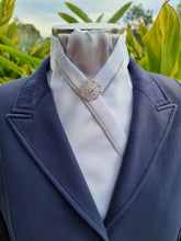 Load image into Gallery viewer, ERA KATE STOCK TIE - White satin, light silver with silver satin piping & brooch