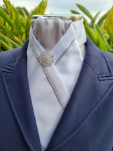 Load image into Gallery viewer, ERA KATE STOCK TIE - White satin, light silver with silver satin piping & brooch