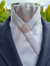 Load image into Gallery viewer, ERA KATE STOCK TIE - White satin, light silver with silver satin piping & brooch