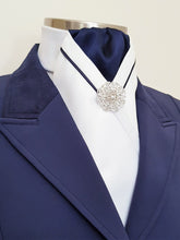 Load image into Gallery viewer, ERA KATE STOCK TIE - White satin, navy blue with navy V piping and brooch