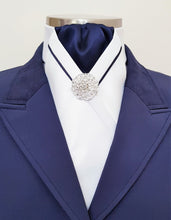 Load image into Gallery viewer, ERA KATE STOCK TIE - White satin, navy blue with navy V piping and brooch