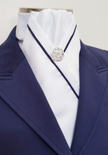 Load image into Gallery viewer, ERA KATE STOCK TIE - White satin with navy blue piping and brooch