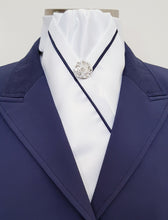 Load image into Gallery viewer, ERA KATE STOCK TIE - White satin with navy blue piping and brooch
