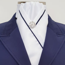 Load image into Gallery viewer, ERA KATE STOCK TIE - White satin with navy blue piping and brooch