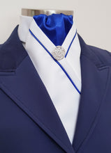 Load image into Gallery viewer, ERA KATE STOCK TIE - White satin, royal blue with matching piping and brooch