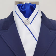 Load image into Gallery viewer, ERA KATE STOCK TIE - White satin, royal blue with matching piping and brooch