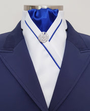 Load image into Gallery viewer, ERA KATE STOCK TIE - White satin, royal blue with matching piping and brooch