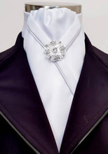 Load image into Gallery viewer, ERA KATE STOCK TIE - White satin with silver satin piping and brooch
