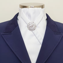 Load image into Gallery viewer, ERA KATE STOCK TIE - White satin, silver satin piping & silver brooch