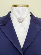 Load image into Gallery viewer, ERA KATE STOCK TIE - White satin with silver satin piping and brooch