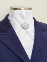 Load image into Gallery viewer, ERA KATE STOCK TIE - White satin, silver satin piping & silver brooch