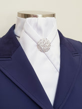 Load image into Gallery viewer, ERA KATE STOCK TIE - White satin with silver satin piping and brooch

