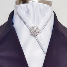 Load image into Gallery viewer, ERA KATE STOCK TIE - White satin with silver metallic piping and brooch