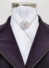 Load image into Gallery viewer, ERA KATE STOCK TIE - White satin, silver satin piping & silver brooch