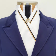Load image into Gallery viewer, ERA LOTTA STOCK TIE - White satin, gold, white & black striped, gold & black piping and brooch
