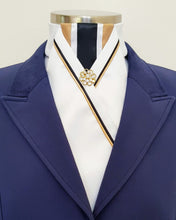 Load image into Gallery viewer, ERA LOTTA STOCK TIE - White satin, gold, white & black striped, gold & black piping and brooch