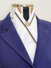 Load image into Gallery viewer, ERA LOTTA STOCK TIE - White satin, gold, white & black striped, gold & black piping and brooch