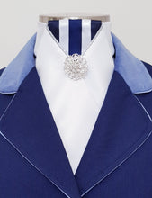 Load image into Gallery viewer, ERA LOTTA STOCK TIE - White satin, navy & white striped, silver piping and brooch