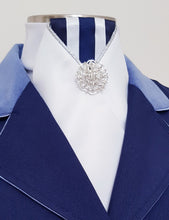 Load image into Gallery viewer, ERA LOTTA STOCK TIE - White satin, navy & white striped, silver piping and brooch