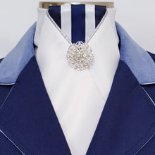 Load image into Gallery viewer, ERA LOTTA STOCK TIE - White satin, navy & white striped, silver piping and brooch