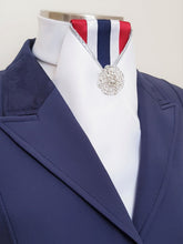 Load image into Gallery viewer, ERA LOTTA STOCK TIE - White satin, red, white & blue striped, silver piping and brooch