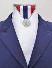 Load image into Gallery viewer, ERA LOTTA STOCK TIE - White satin, red, white & blue striped, silver piping and brooch
