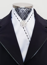 Load image into Gallery viewer, ERA MARLO STOCK TIE - White satin, pleated black/silver brocade, silver & black/silver piping