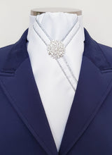 Load image into Gallery viewer, ERA MARLO STOCK TIE - White satin with double silver piping & brooch