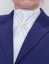 Load image into Gallery viewer, ERA MARLO STOCK TIE - White satin with double silver piping & brooch
