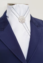 Load image into Gallery viewer, ERA MARLO STOCK TIE - White satin with double silver piping & brooch