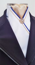 Load image into Gallery viewer, ERA MARLO STOCK TIE - White satin, gold, royal blue & gold piping and brooch