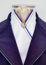 Load image into Gallery viewer, ERA MARLO STOCK TIE - White satin, gold, royal blue & gold piping and brooch