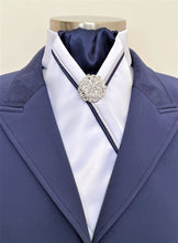 Load image into Gallery viewer, ERA RACHAEL STOCK TIE - White & navy with navy & si lver satin piping & brooch