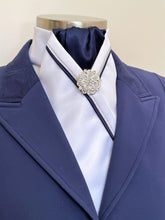 Load image into Gallery viewer, ERA RACHAEL STOCK TIE - White & navy with navy & si lver satin piping & brooch